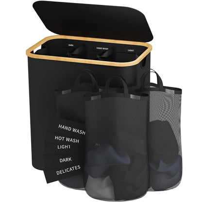 160L Laundry Hamper with Lid, 3 Section Laundry Basket with 3 Removable Bag