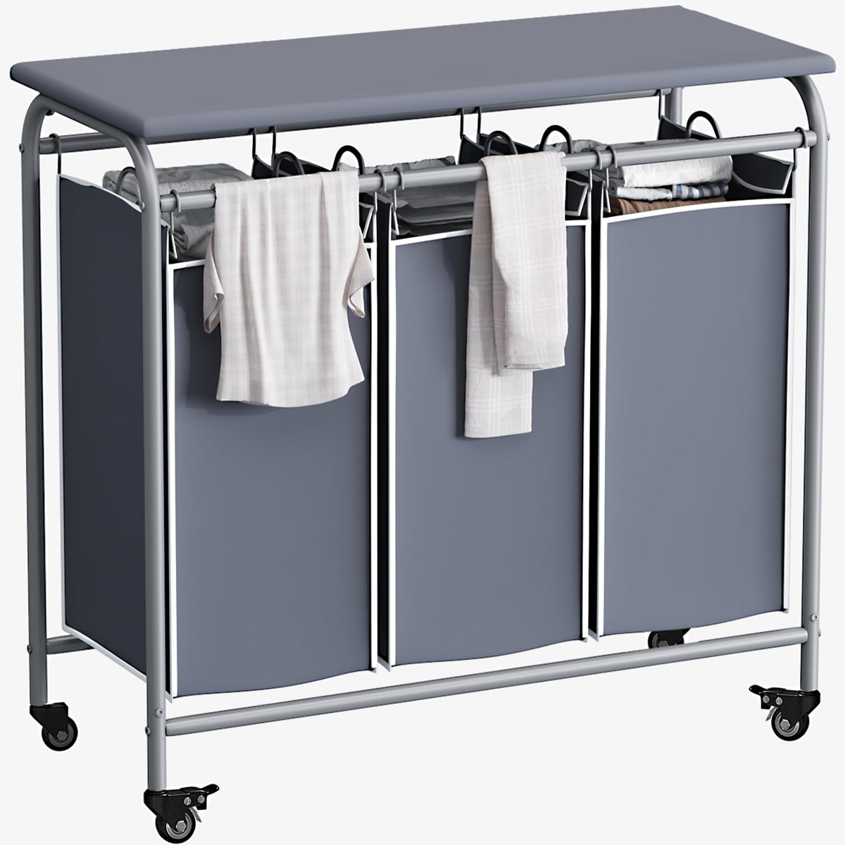 LINZINAR 3 Section Laundry Hamper Sorter, Black Laundry Basket with Wheels
