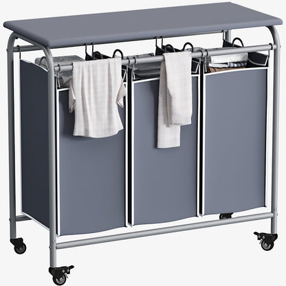 LINZINAR 3 Section Laundry Hamper Sorter, Black Laundry Basket with Wheels