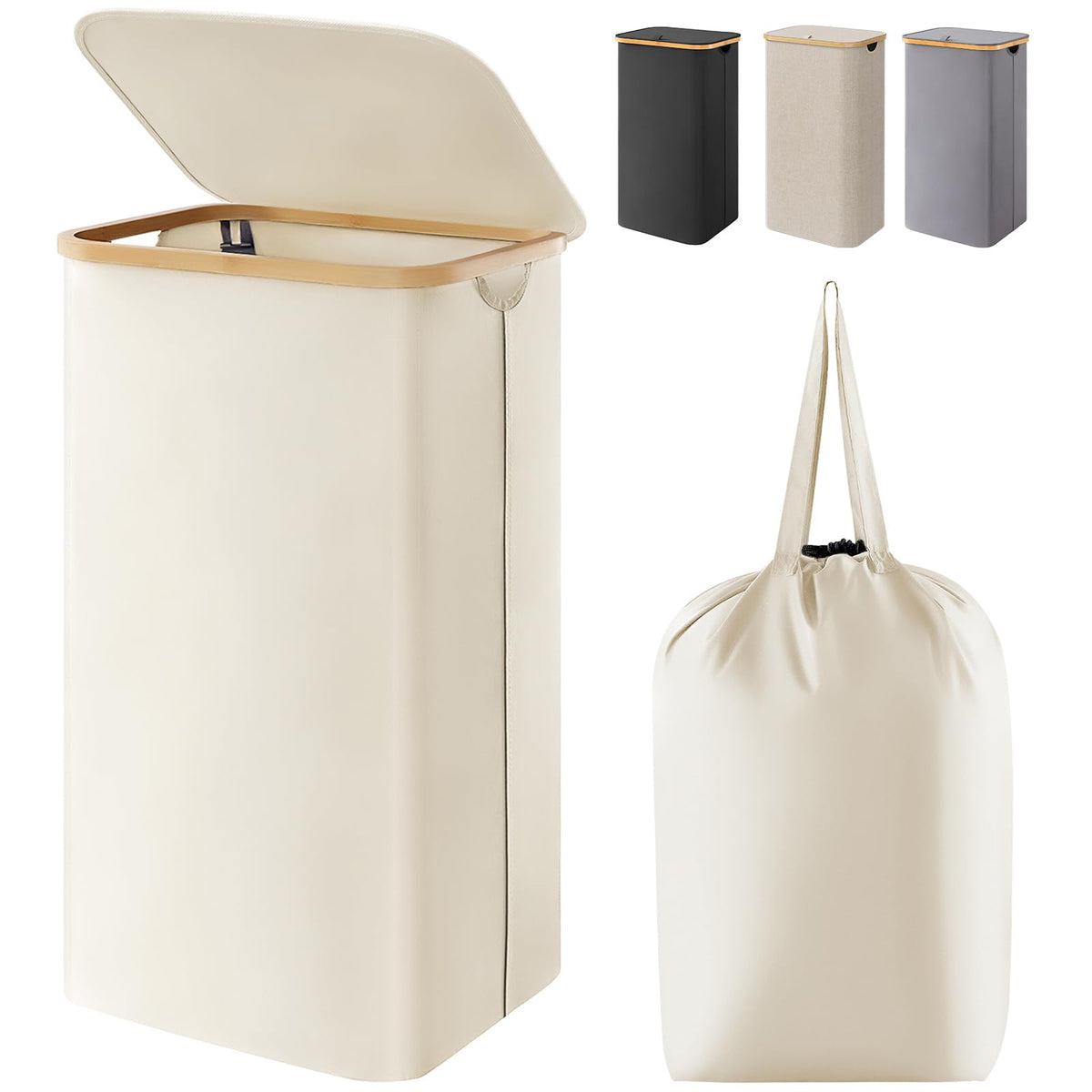 Lifewit 120L Large Laundry Basket with Lid, 2 Removable Bags, Beige