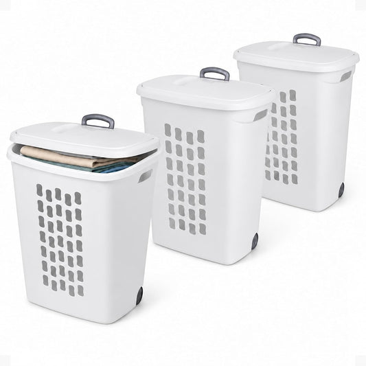 Sterilite Ultra Wheeled Hamper, Laundry Basket w/ Flip-Top Lid, 3-Pack, White
