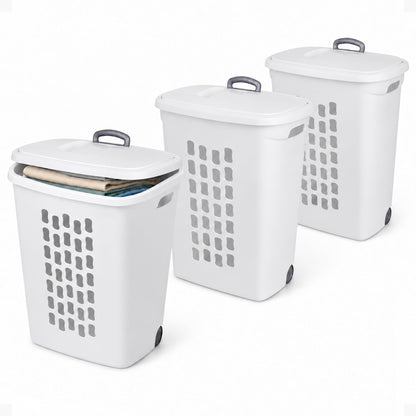 Sterilite Ultra Wheeled Hamper, Laundry Basket w/ Flip-Top Lid, 3-Pack, White