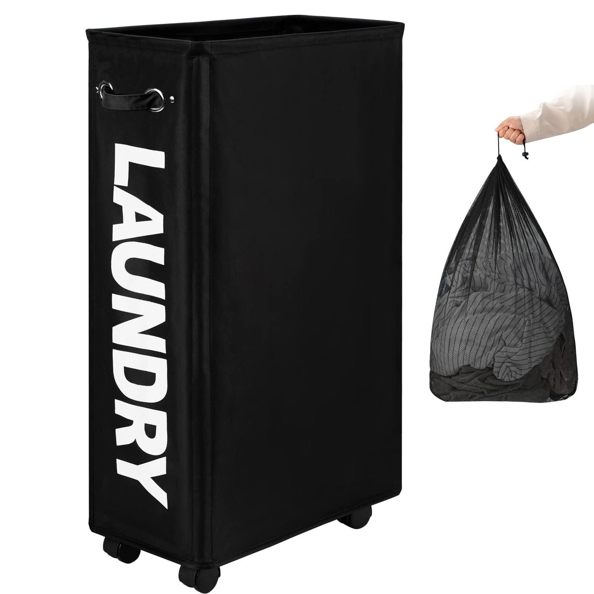 DOKEHOM 70L Enlarged Slim Rolling Laundry Basket Hamper on Wheels, Grey