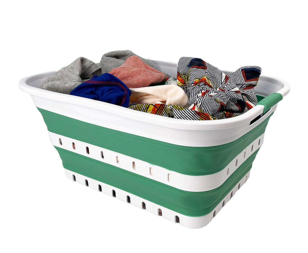 SAMMART 42L (11 gallon) Collapsible Plastic Laundry Basket - Foldable Pop Up Storage Container/Organizer - Space Saving Hamper/Basket (1, White/Grey)