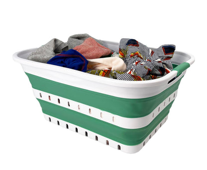 SAMMART 42L (11 gallon) Collapsible Plastic Laundry Basket - Foldable Pop Up Storage Container/Organizer - Space Saving Hamper/Basket (1, White/Grey)