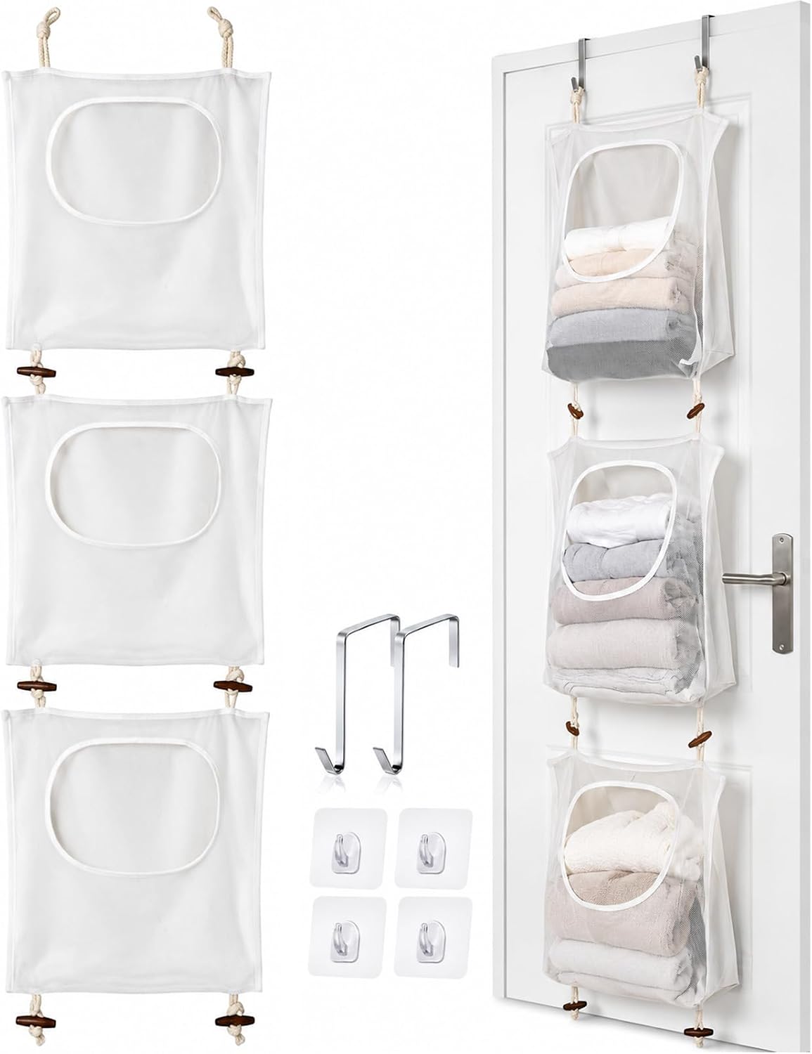 3Pcs Over the Door Hanging Laundry Hamper Mesh Bag 74.8 x 18.5in with Hooks