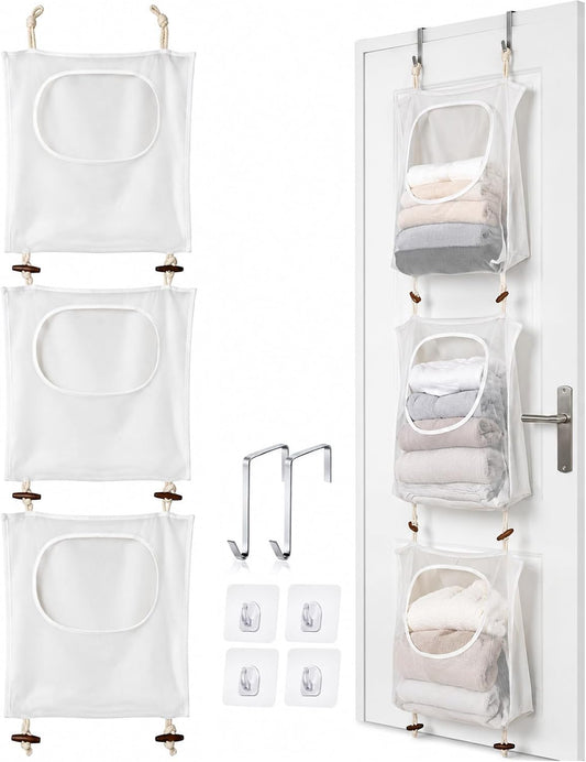 3Pcs Over the Door Hanging Laundry Hamper Mesh Bag 74.8 x 18.5in with Hooks