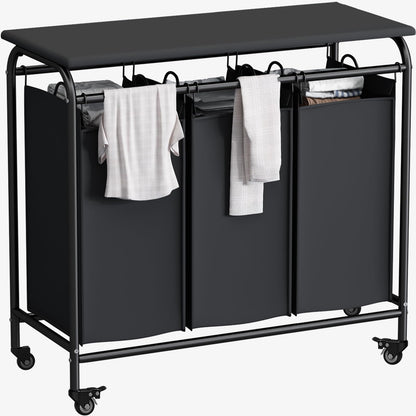 LINZINAR 3 Section Laundry Hamper Sorter, Black Laundry Basket with Wheels