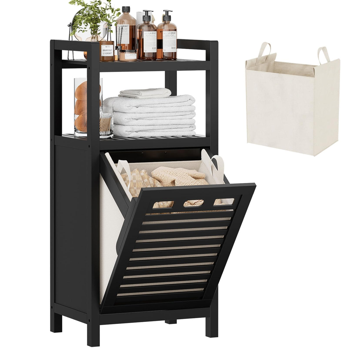 Homykic Bamboo Double Tilt Out Laundry Hamper Cabinet with 2 Bags, Black