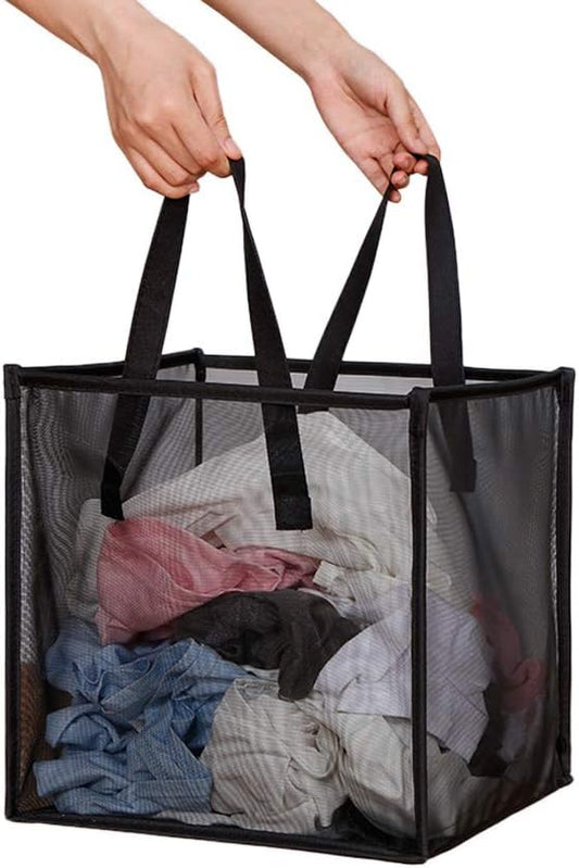 HONOMA Laundry Bags Hamper Bag with Handles,Portable &Collapsible Dirty Clothes Mesh Basket Foldable for Washing Storage, Kids Room,Dorm or Travel (Black, Single-Layer)