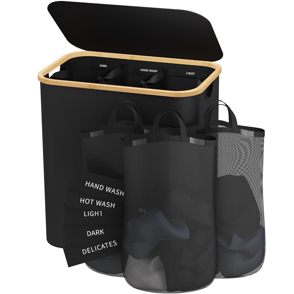 160L Laundry Hamper with Lid, 3 Section Laundry Basket with 3 Removable Bag