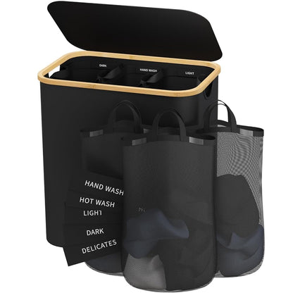 160L Laundry Hamper with Lid, 3 Section Laundry Basket with 3 Removable Bag