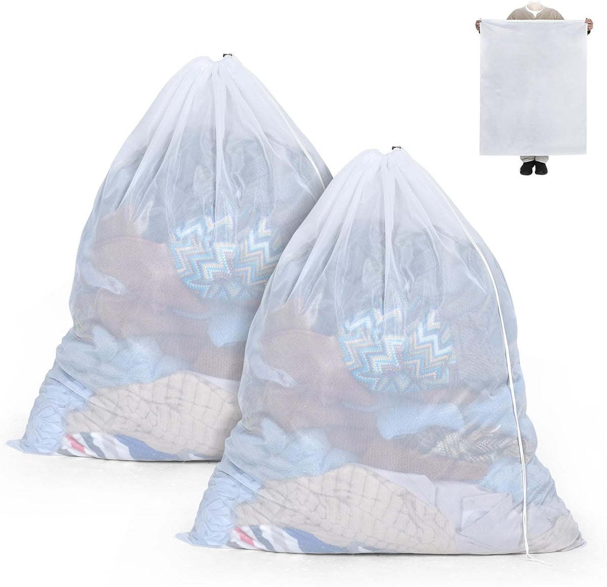 OTraki Ex-Large Mesh Laundry Bag 36x43 Inch Drawstring Laundry Wash Bags 2 Pack Dirty Clothes Net Laundry Bag Heavy Duty Travel Storage Organize Bag Don't Drying, Melting 140-176℉ White