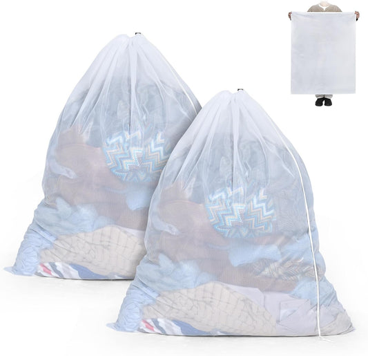 OTraki Ex-Large Mesh Laundry Bag 36x43 Inch Drawstring Laundry Wash Bags 2 Pack Dirty Clothes Net Laundry Bag Heavy Duty Travel Storage Organize Bag Don't Drying, Melting 140-176℉ White