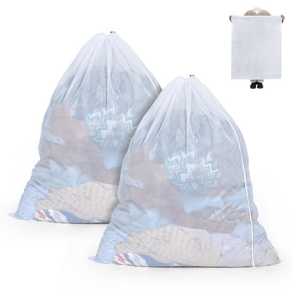 OTraki Ex-Large Mesh Laundry Bag 36x43 Inch Drawstring Laundry Wash Bags 2 Pack Dirty Clothes Net Laundry Bag Heavy Duty Travel Storage Organize Bag Don't Drying, Melting 140-176℉ White