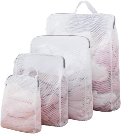 GWT 4Pcs 3D Mesh Laundry Bags with Hanging Handles (S/M/L/XL) - Durable Zippered Wash Bags for Delicates, Shoes & Bulk Clothes - Space-Saving Foldable Design