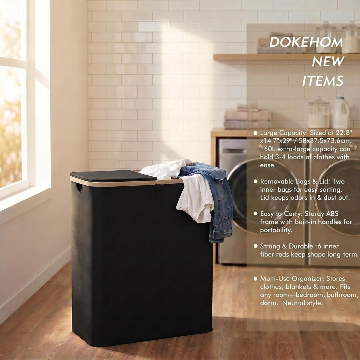 DOKEHOM 160L Double Laundry Basket Hamper with Lid & Removable Bags, Black