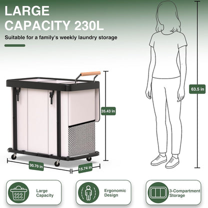 Laundry Hamper 3 Section,Rolling Laundry Basket with Wheels and Lid,White