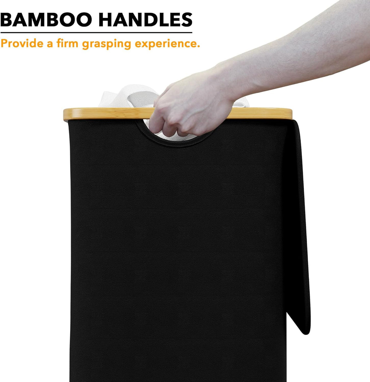 SpaceAid Laundry Hamper with Lid, 110L Large Tall Clothes Basket Bin with Bamboo Handles, Collapsible Laundry Hamper for Bedroom, Bathroom, Dorm, Laundry Room - Black