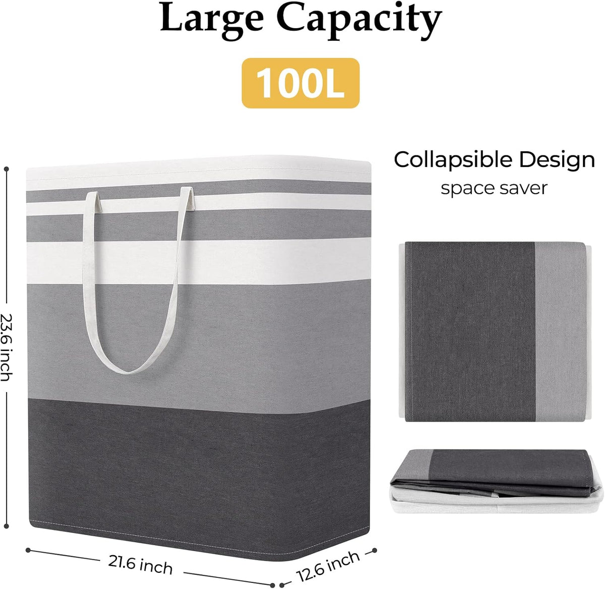 StorageRight Laundry Basket Hamper, 100L Collapsible Clothes Storage, Grey