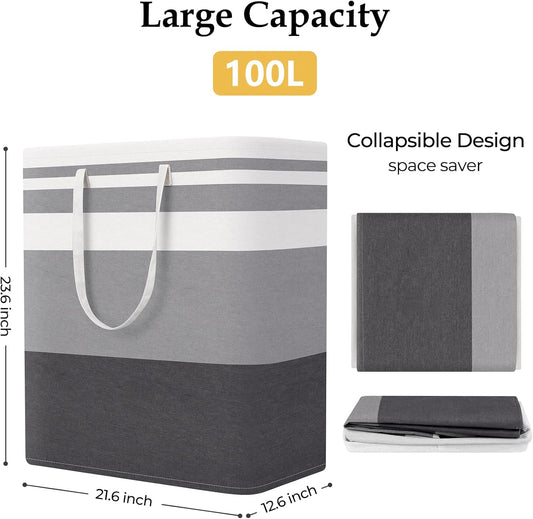StorageRight Laundry Basket Hamper, 100L Collapsible Clothes Storage, Grey