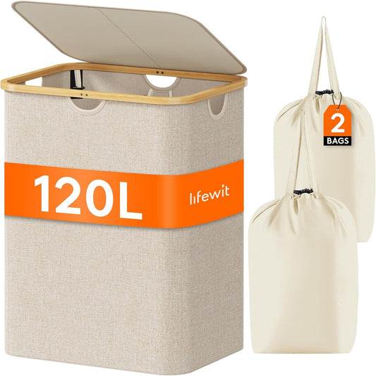 Lifewit 120L Large Laundry Basket with Lid, 2 Removable Bags, Beige