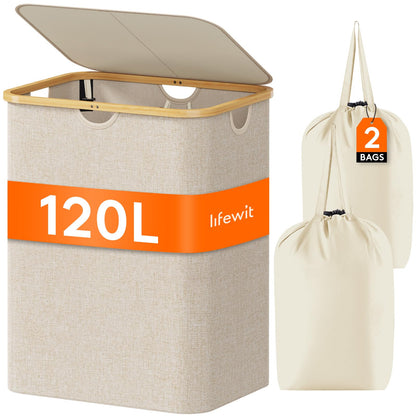 Lifewit 120L Large Laundry Basket with Lid, 2 Removable Bags, Beige