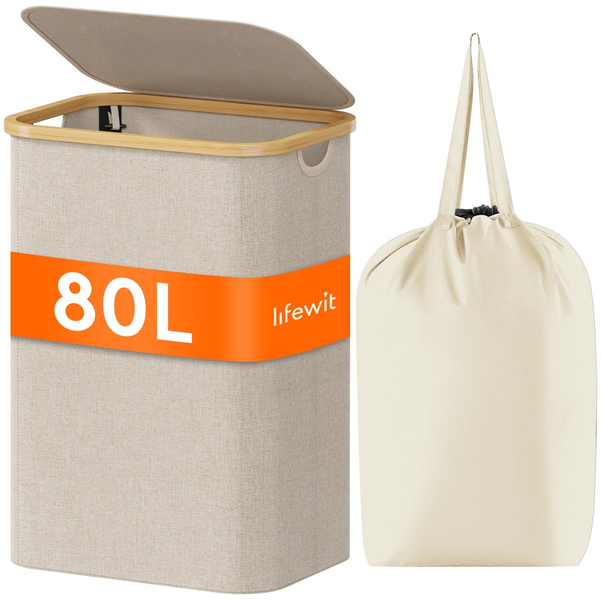 Lifewit 120L Large Laundry Basket with Lid, 2 Removable Bags, Beige