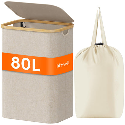 Lifewit 120L Large Laundry Basket with Lid, 2 Removable Bags, Beige