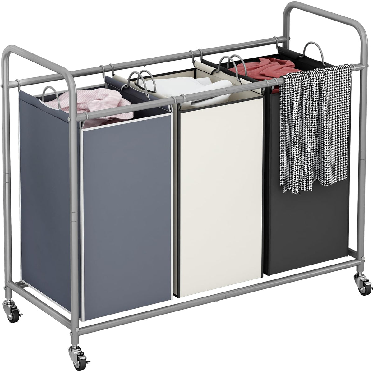 LINZINAR 3 Section Laundry Hamper Sorter, Black Laundry Basket with Wheels