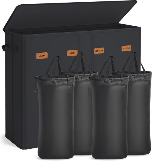SONGMICS 210L Laundry Hamper, 4-Compartment Laundry Sorter with Lid