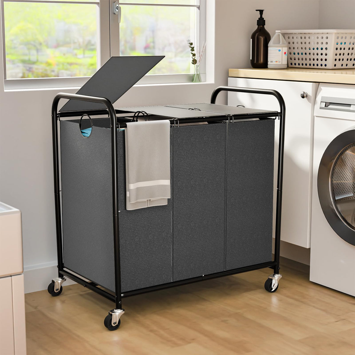 180L Laundry Sorter 3 Section, Rolling Laundry Basket with Wheels and Lid