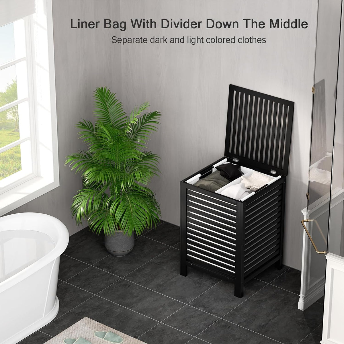 Homykic 120L Bamboo Laundry Hamper with Lid and Removable Liner Bag, Black