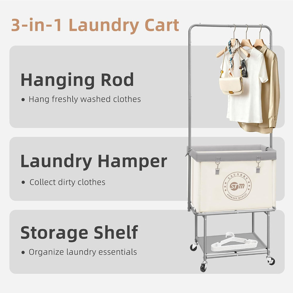 STORAGE MANIAC Rolling Laundry Cart with Hanging Bar & Storage Shelf, Beige