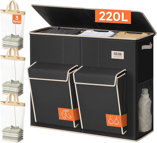 SOLEDI 220L Laundry Hamper 3 Section with Lid and 2 Side Pockets