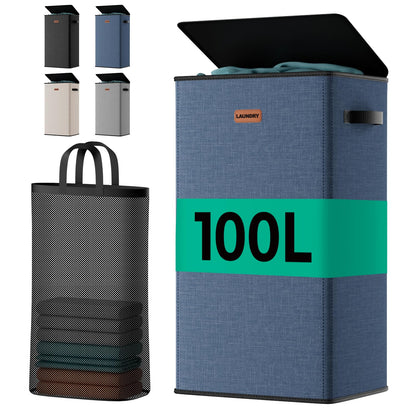 150L Double Laundry Hamper with Lid – 2-Section Clothes Hamper with Removable Bag for Bathroom, Bedroom, Laundry Room & Dorm