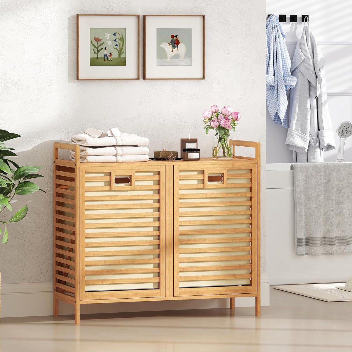 Giantex Bamboo Tilt Out Laundry Hamper Cabinet, Wicker Laundry Sorter