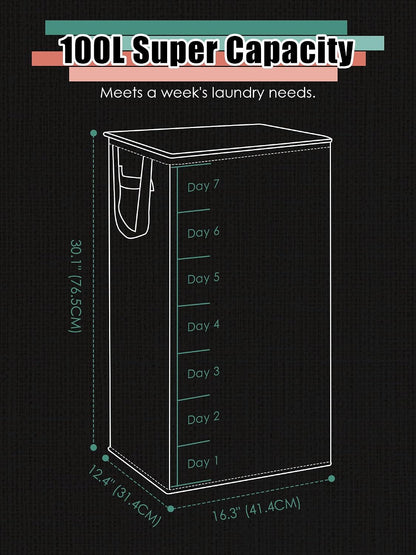 WTREE Laundry Hamper with Lid, Reinforced Sturdy Clothes Hamper with Anti-Puncture Base, Large Collapsible Laundry Basket with Removable Liner Bag, Tall Dirty Clothes Bin for Family, 100L Grey