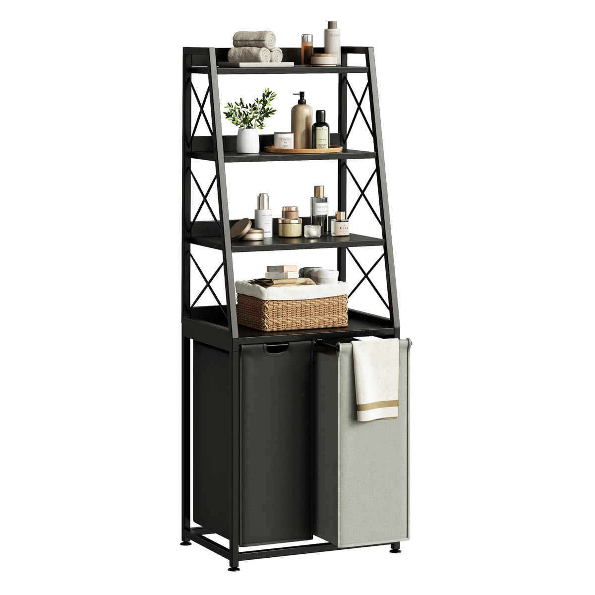 Herture Laundry Basket, 2 Section Laundry Hamper with 4 Tiers Shelf, Pull-Out and Removable Laundry Bags, Large 2 x 15.87 Gallons, for Bedroom Bathroom Rustic Brown PF11XLN