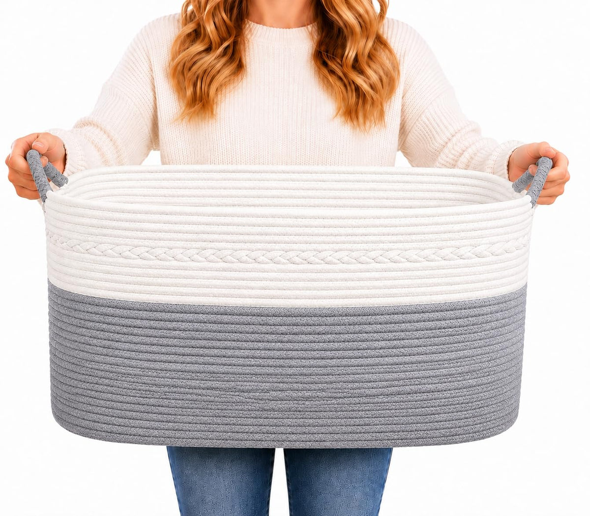 Large Laundry Hamper Basket, 85L Cotton Rope Woven Storage Bin for Blankets, Dirty Clothes Toys, Decorative Tall Basket with Leather Handles for Living Room, Bedroom, Bathroom, Nursery, Jute