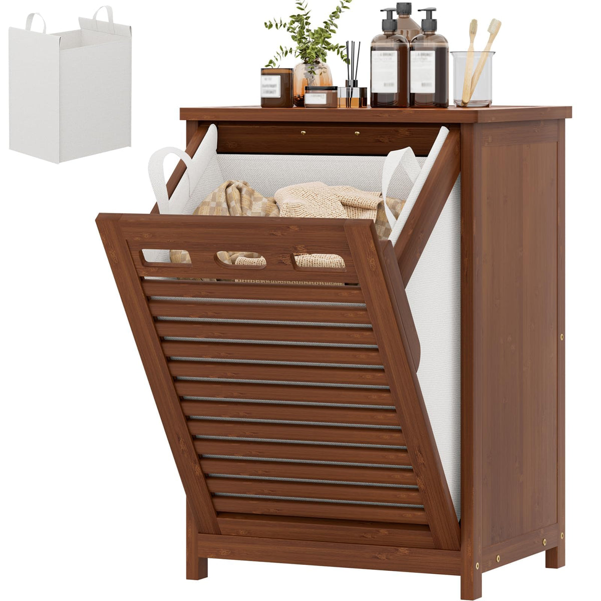 Bamboo Tilt Out Laundry Hamper Cabinet with 15.5 Gal Removable Bag, Black