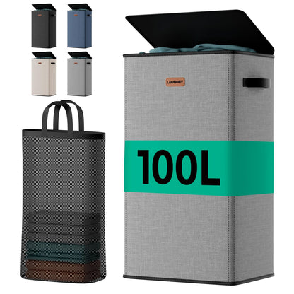150L Double Laundry Hamper with Lid – 2-Section Clothes Hamper with Removable Bag for Bathroom, Bedroom, Laundry Room & Dorm