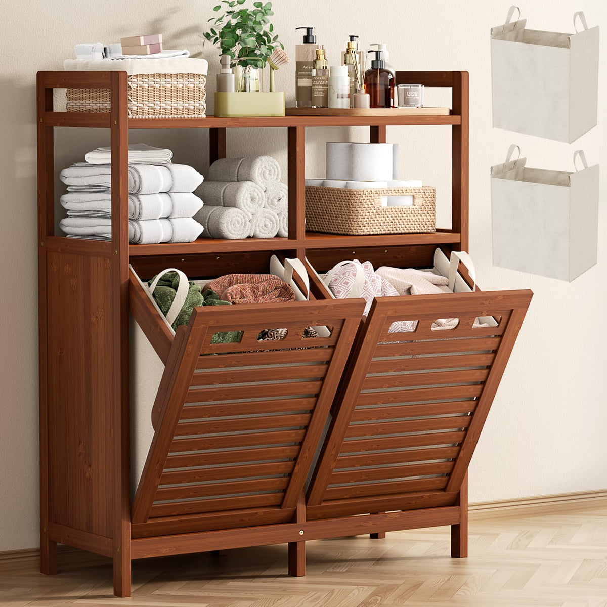 Homykic Bamboo Double Tilt Out Laundry Hamper Cabinet with 2 Bags, Black