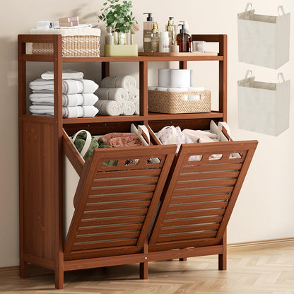 Homykic Bamboo Double Tilt Out Laundry Hamper Cabinet with 2 Bags, Black