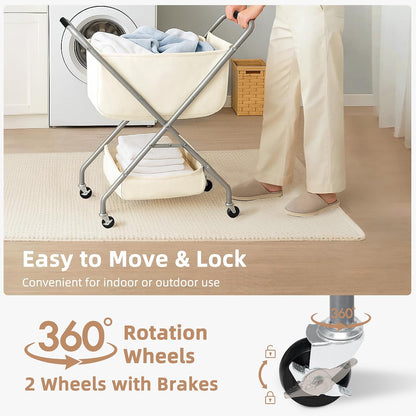 STORAGE MANIAC Collapsible Laundry Cart with Wheels 31.5"H Rolling Laundry Hamper Clothes Basket with Wheels, Canvas Liner Sturdy Steel Frame Folding for Small Narrow Space Easy Storage, Beige
