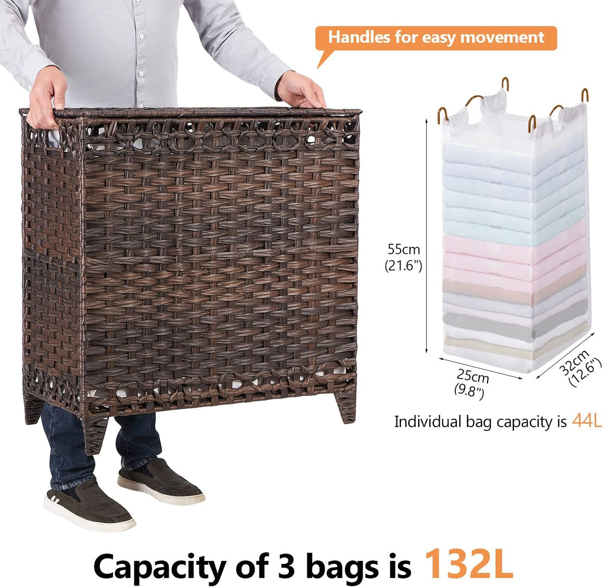 Laundry Hamper with 3 Removable Liner Bags, 132L Laundry Sorter with Lid