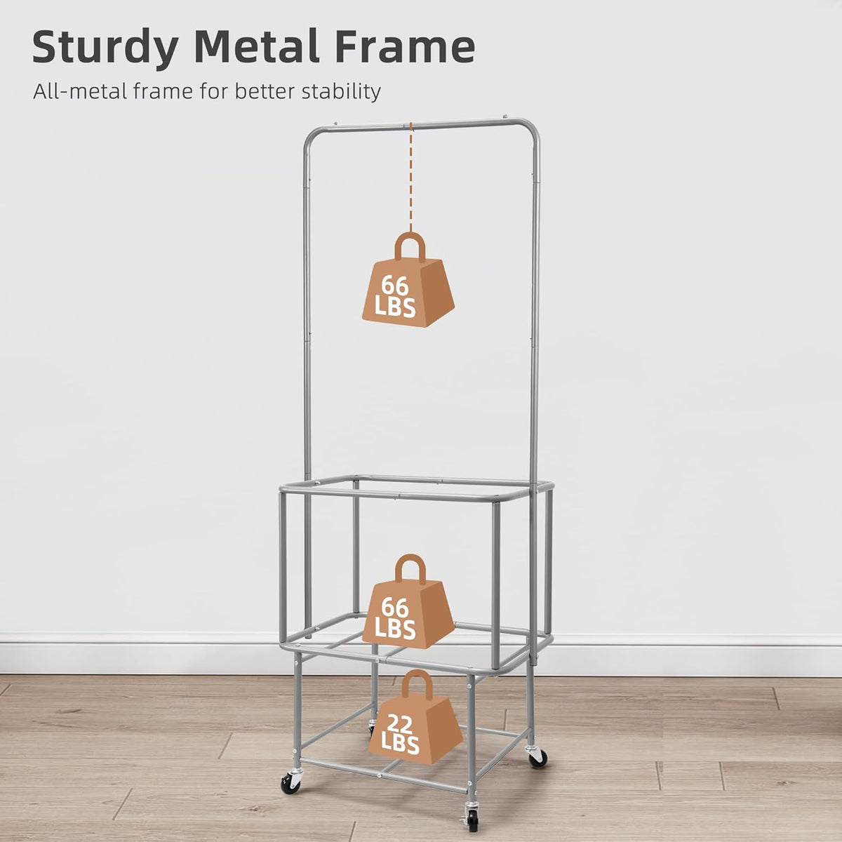STORAGE MANIAC Rolling Laundry Cart with Hanging Bar & Storage Shelf, Beige