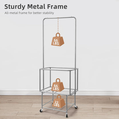 STORAGE MANIAC Rolling Laundry Cart with Hanging Bar & Storage Shelf, Beige