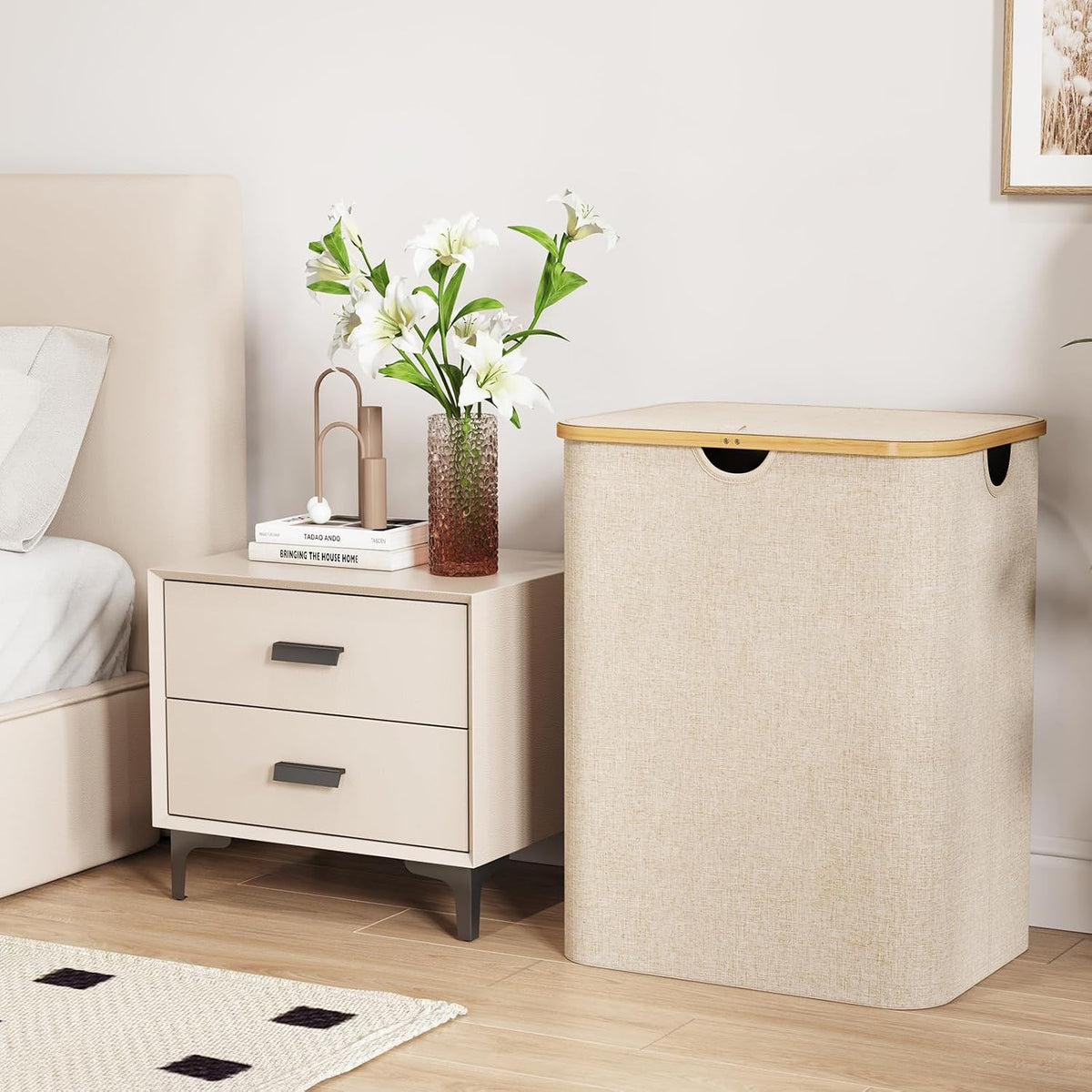 Lifewit 120L Large Laundry Basket with Lid, 2 Removable Bags, Beige