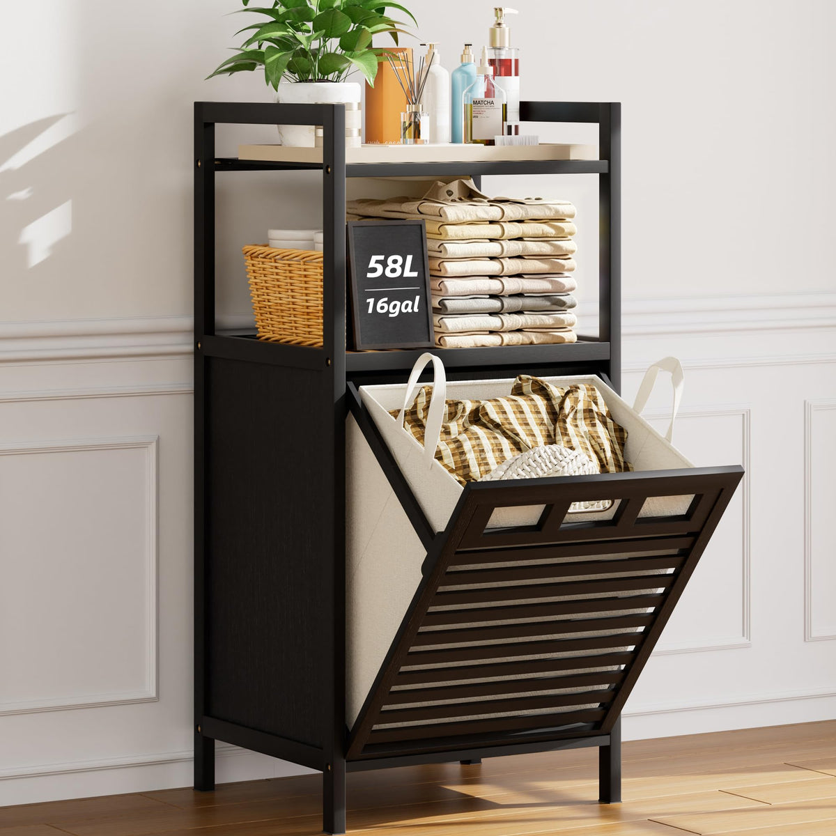 32 Gal Bamboo Tilt Out Laundry Hamper Cabinet with 2 Bag, Black